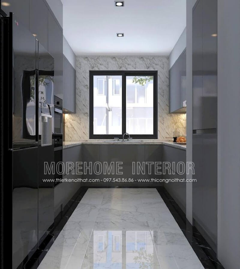 Thiết kế nội thất phòng bếp không được lớn, việc sử dụng máy hút mùi có thể giúp lọc sạch không khí tuy nhiên việc bố trí cửa sổ lớn vừa giúp không khí lưu thông lại mang lại nguồn sinh khí có thể là điểm đáng chú ý. Thiết kế nội thất