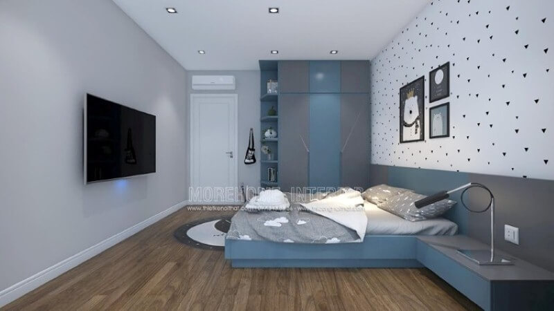 Tủ quần áo đẹp liền kệ để đồ sẽ là gợi ý ấn tượng để phòng bé luôn được gọn gàng ngăn nắp. Thiết kế nội thất