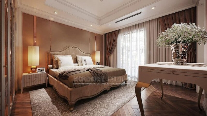 Mẫu giường tân cổ điển đẹp với thiết kế bọc nệm êm ái cùng đường nét uốn lượn đẹp mắt tạo điểm nhấn ấn tượng cho phòng ngủ đương đại cao cấp. Thiết kế nội thất