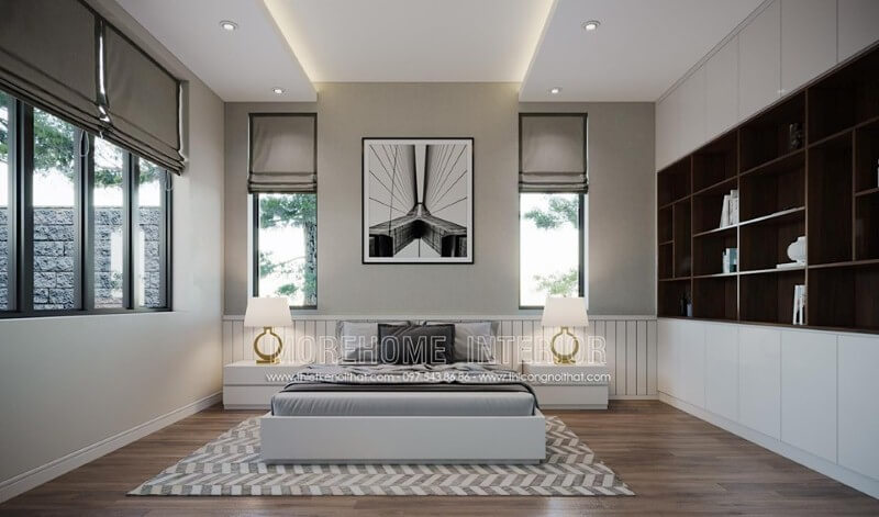 Tone màu trắng chủ đạo từ tường, giường, tab, tủ quần áo đã tạo nên vẻ đẹp sang trọng ấn tượng cho phòng ngủ hiện đại. Thiết kế nội thất nhà phố