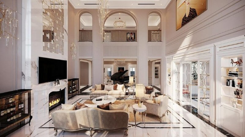 Sắp xếp nội thất biệt thự Vinhomes Imperia Hải Phòng ấn tượng với phòng khách thông tầng đẹp, sang trọng. Thiết kế nội thất nhà phố