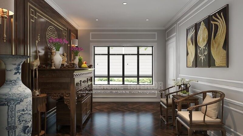 Sắp xếp nội thất gỗ cao cấp cùng cách phối màu, trang trí tạo nên vẻ đẹp trang nghiệm, sang trọng cho phòng thờ. Thiết kế nội thất nhà phố