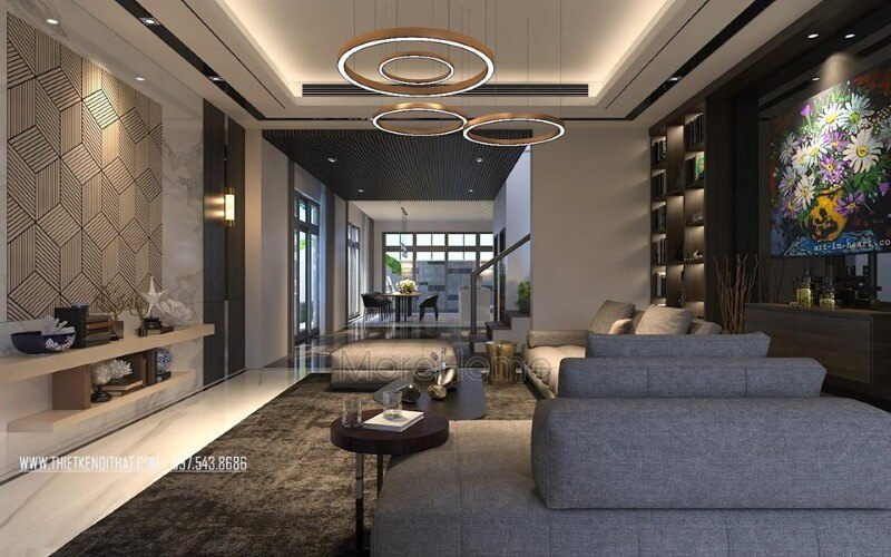 Sắp xếp tầng 1 đẹp, sang trọng cho nhà phố, biệt thự với ý tưởng thiết kế phòng khách kề phòng ăn theo phong cách hiện đại. Thiết kế nội thất nhà phố