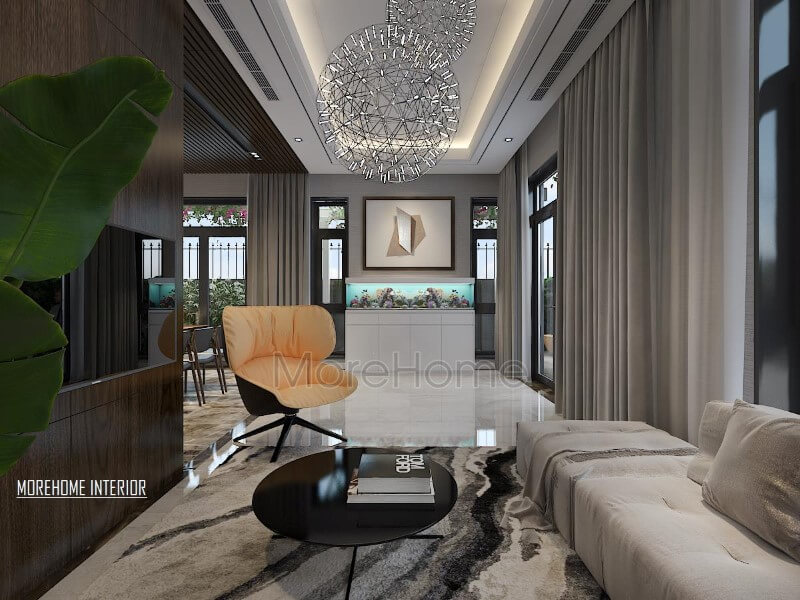 Trang trí nội thất phòng khách hiện đại tinh tế với bể cá phong thủy. Thiết kế nội thất nhà phố