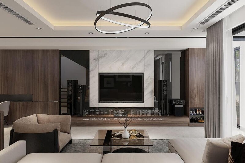 Trang trí phòng khách hiện đại đẹp ấn tượng với đá nhân tạo cao cấp điểm nhấn Thiết kế nội thất