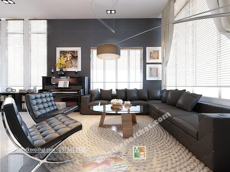 Nội thất sofa chữ L bọc da cho phòng khách với tone màu nâu đen hiện đại, sang trọng Thiết kế nội thất