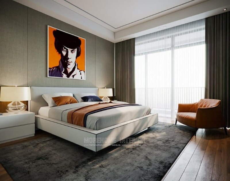 canvas phòng ngủ đẹp sáng tạo với không gian hiện đại nổi bật với tone cam điểm nhấn. Thiết kế nội thất