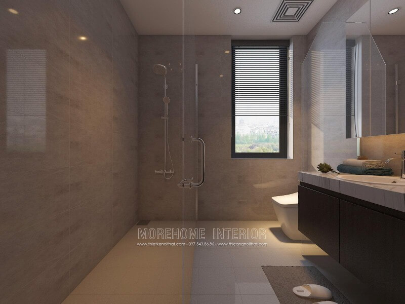 Vách tắm kính 135 độ với bố trí khoa học giúp không gian phòng tắm nhỏ trở nên thông thoáng nhưng vẫn đảm bảo tiện nghi. Thiết kế nội thất