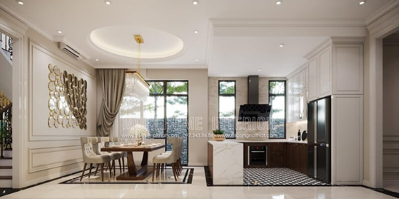 Bố trí nội thất phòng ăn liền phòng bếp đẹp, sang trọng theo phong cách đương đại. Thiết kế nội thất