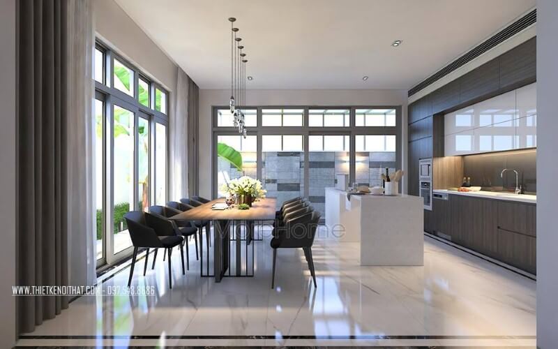 Trang trí nội thất phòng ăn liền bếp hiện đại, đẹp cho biệt thự, nhà phố. Thiết kế nội thất