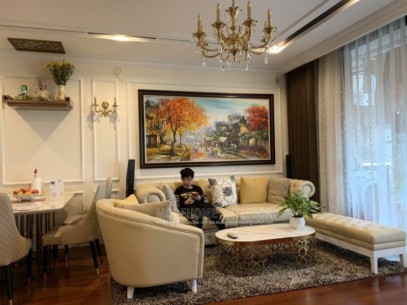 Thi công sofa phòng khách bọc da phong cách tân cổ điển đẹp sang trọng ở chung cư vinhomes nguyễn chí thanh quận đống đa hà nội Thi công phòng đẹp, hiện đại và sang trọng