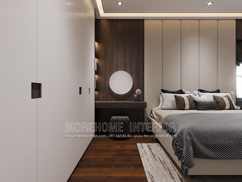 Tủ quần áo màu trắng hiện đại sang trọng độc đáo với tay nắm ẩn sang trọng. Thiết kế nội thất nhà phố