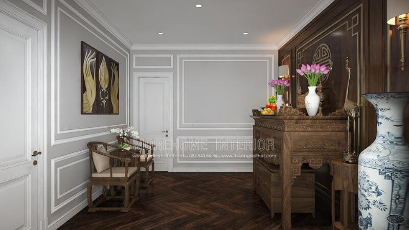 Trang trí nội thất phòng thờ hiện đại, đẹp từ tủ thờ, vách cnc, gỗ ốp, sàn, ghế gỗ óc chó cao cấp. Thiết kế nội thất nhà phố