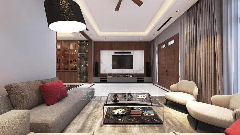 Trang trí tường phòng khách đẹp với điểm nhấn từ đá trắng vân mây kết hợp cùng gỗ ốp tường cao cấp. Thiết kế nội thất nhà phố