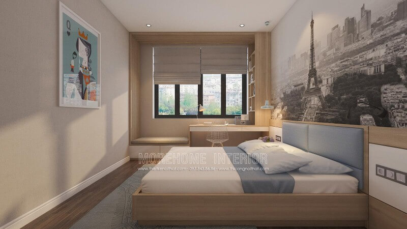 Sắp xếp nội thất phòng ngủ hiện đại có bàn làm việc hay góc học tập gần cửa sổ đẹp, sang trọng và tiện ghi. Thiết kế nội thất nhà phố