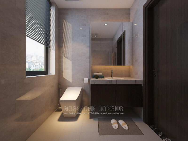 Tủ phòng tắm sẫm màu kết hợp cùng mặt bàn đá lavabor cùng bố trí hiện đại giúp cho phòng tắm nhỏ trở nên đẹp, sang trọng và đầy tiện ghi. Thiết kế nội thất nhà phố