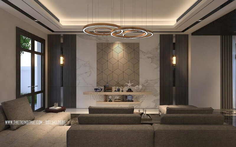 Đá ốp tường vân mây cùng họa tiết 3D điểm nhấn tạo góc nhìn độc đáo, sang trọng cho phòng khách biệt thự, nhà phố hiện đại. Thiết kế nội thất nhà phố