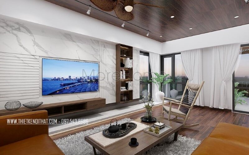 Đá ốp tường vân mây điểm nhấn ấn tượng cho phòng khách hiện đại, sang trọng. Thiết kế nội thất nhà phố
