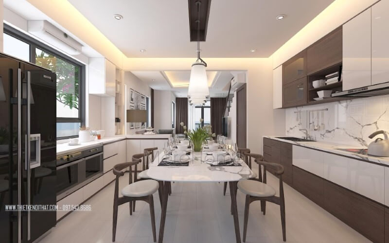 Phòng bếp hiện đại độc đáo với nội thất gỗ óc chó chủ điểm nhấn. Thiết kế nội thất nhà phố