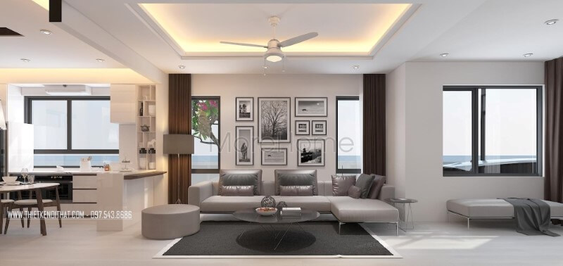 Phòng khách hiện đại, độc đáo với ý tưởng thiết kế tranh treo tường làm điểm nhấn kết hợp cùng sofa góc hiện đại tạo nên nét độc đáo, sang trọng. Thiết kế nội thất nhà phố