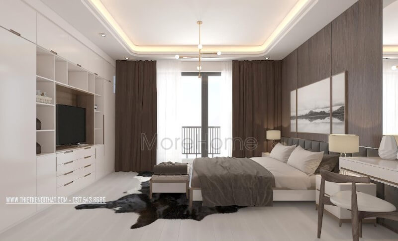 Bố trí nội thất phòng ngủ master hiện đại đẹp và thông thoáng với cửa kính chiếm trọn mảng tường để bạn có thể tận hưởng cảm giác tuyệt vời từ thiên nhiên. Thiết kế nội thất nhà phố