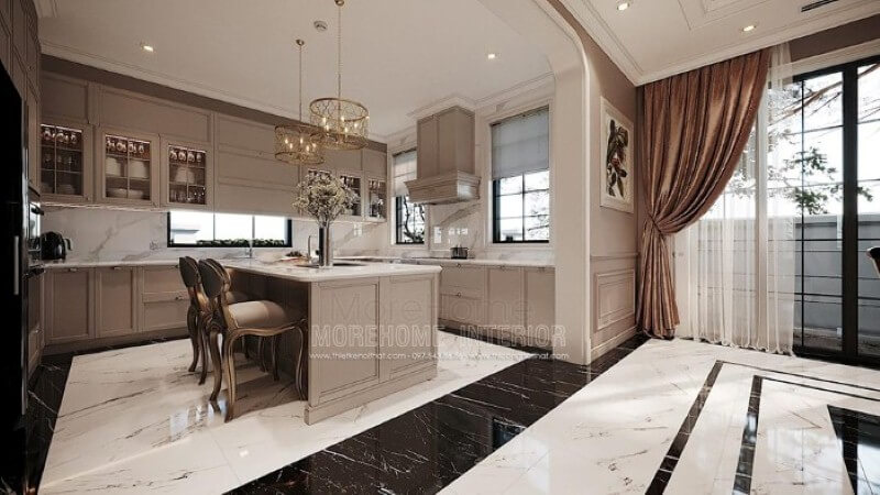 Mẫu tủ bếp đảo gỗ tự nhiên gam màu nâu nhạt kết hợp cùng đá ốp lát tạo nên vẻ đẹp nhẹ nhàng, thanh lịch nhưng không kém phần sang trọng tại biệt thự cao cấp Hải Phòng. Thiết kế nội thất