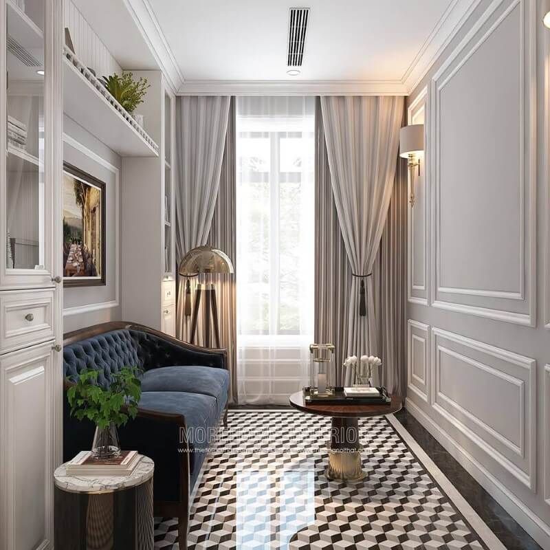Gạch lát nền giả cổ tạo nét đẹp độc đáo sang trọng cho phòng đọc sách tân cổ điển. Thiết kế nội thất
