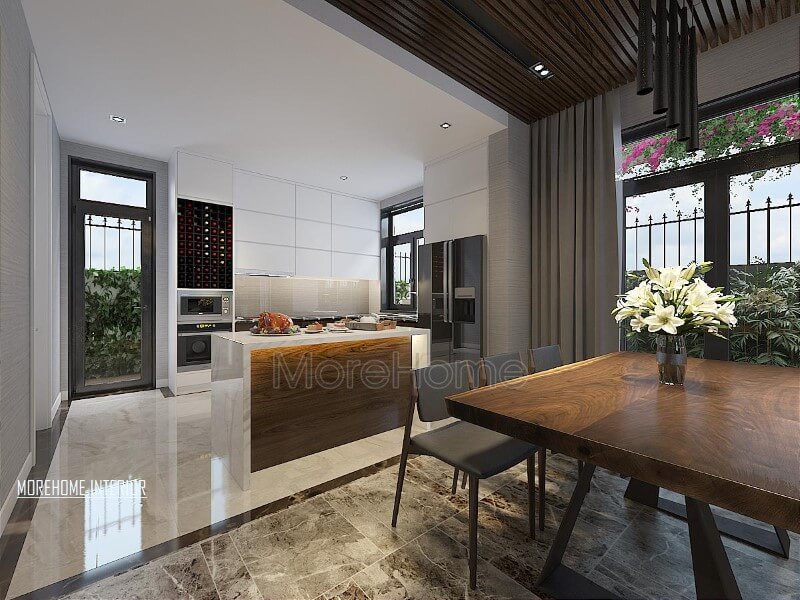 Bố trí nội thất phòng bếp đảo hiện đại, đẹp vừa thông thoáng vừa tách biệt nhưng gần gũi với ánh sáng tự nhiên. Thiết kế nội thất