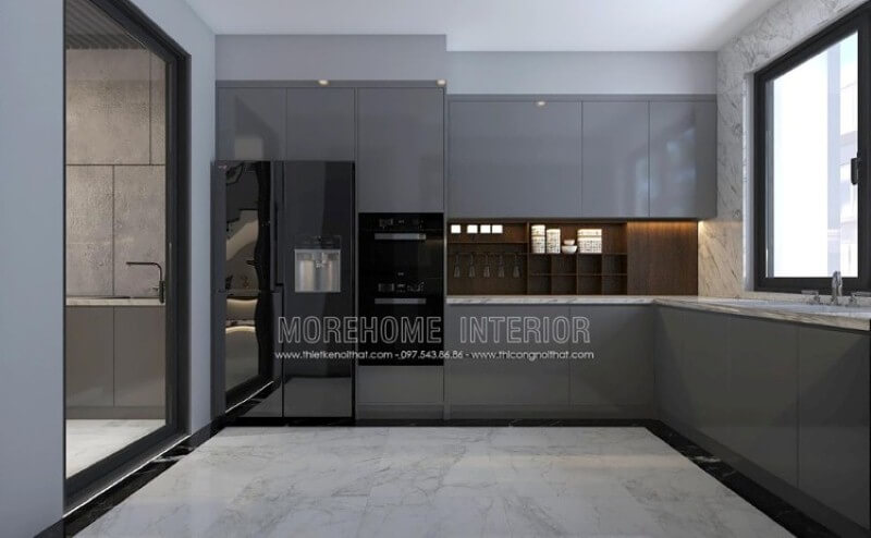 Mẫu tủ bếp gỗ công nghiệp acrylic màu xám đẹp mắt trong bố trí nội thất phòng bếp hiện đại sẽ là lựa chọn khá phù hợp với các không gian như chung cư, biệt thự, nhà phố. Tủ bếp hiện đại, tủ bếp chữ u, tủ bếp chữ i, tủ bếp chữ l