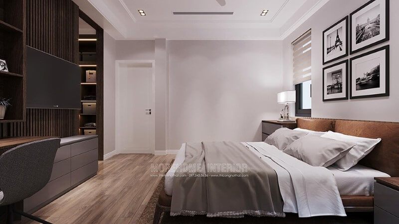 Lựa chọn gỗ lát sàn cho phòng ngủ với tông màu nâu sáng giúp hài hòa đc không gian phòng ngủ tạo cảm giác ê ái, nhẹ nhàng