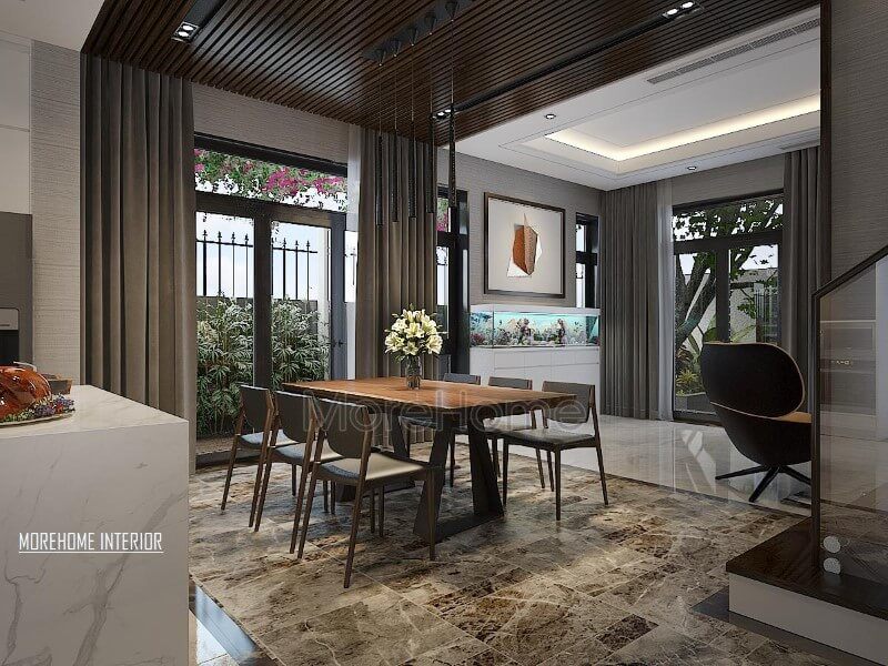 Thiết kế phòng ăn hiện đại thông thoáng, chan hòa với thiên nhiên từ hệ cửa lớn giúp ánh sáng lan tỏa tối đa nhưng vẫn chắn nắng kịp thời từ rèm 2 lớp.