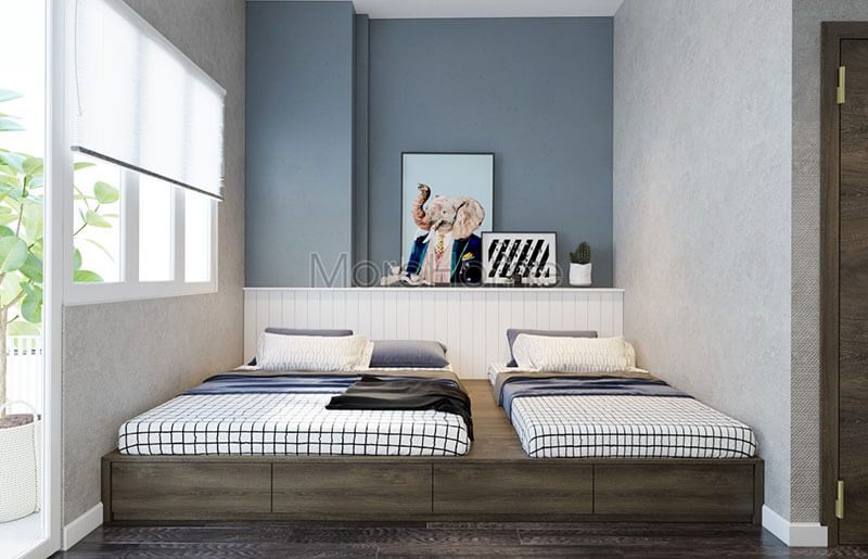 Nội thất phòng ngủ nhỏ hiện đại với một mẫu giường đôi gỗ đơn giản sẽ giúp tạo nên cảm giác rộng rãi hơn trong không gian.